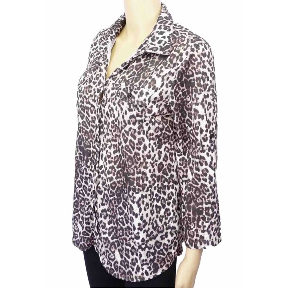 French Laundry Leopard Print Button Up Top Womens Size M Collared 3/4 Sleeve - Picture 3 of 5